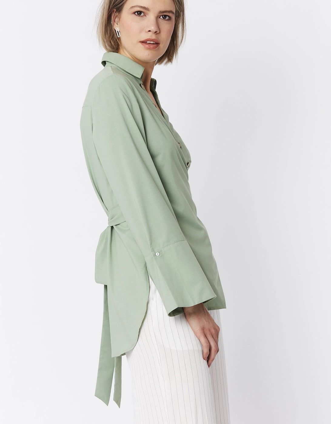 Green Cotton Blend Wrap Top