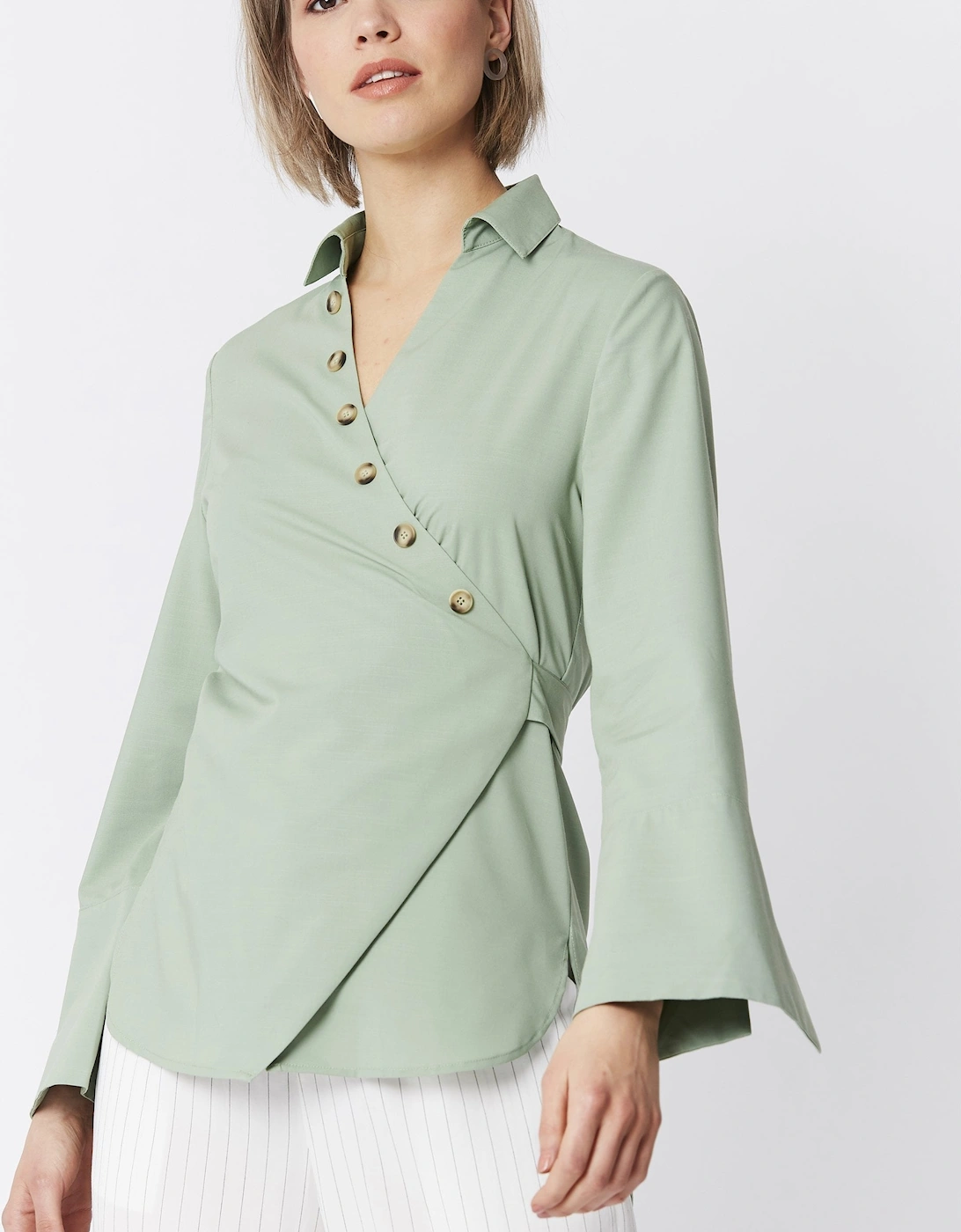 Green Cotton Blend Wrap Top