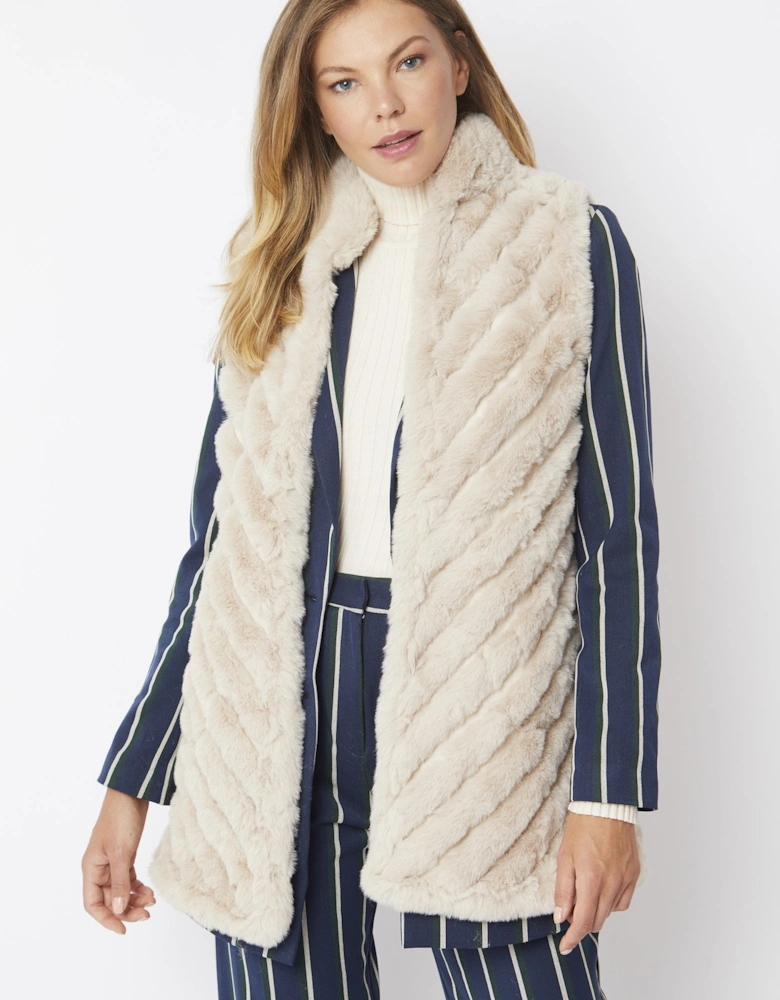 Cream Faux Fur Faux Suede Diagonal Striped Long Gilet