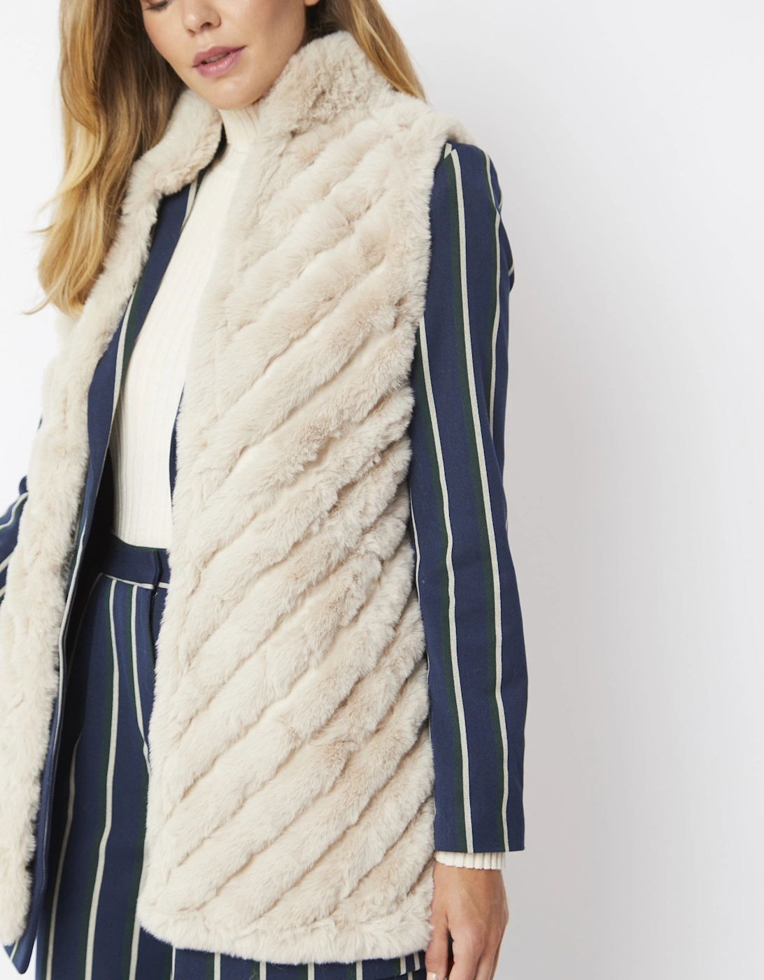 Cream Faux Fur Faux Suede Diagonal Striped Long Gilet