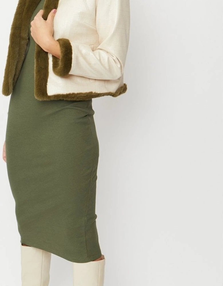 Khaki Faux Suede Check Jacket with Faux Fur Trim