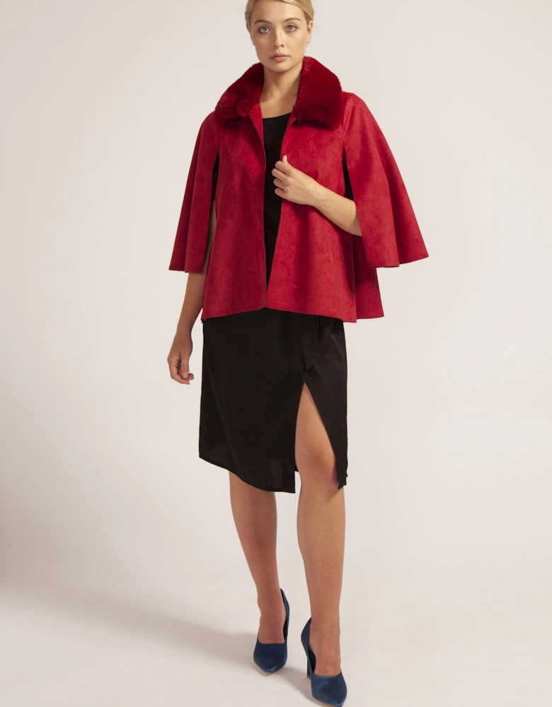Red Faux Fur and Faux Suede Cape Jacket