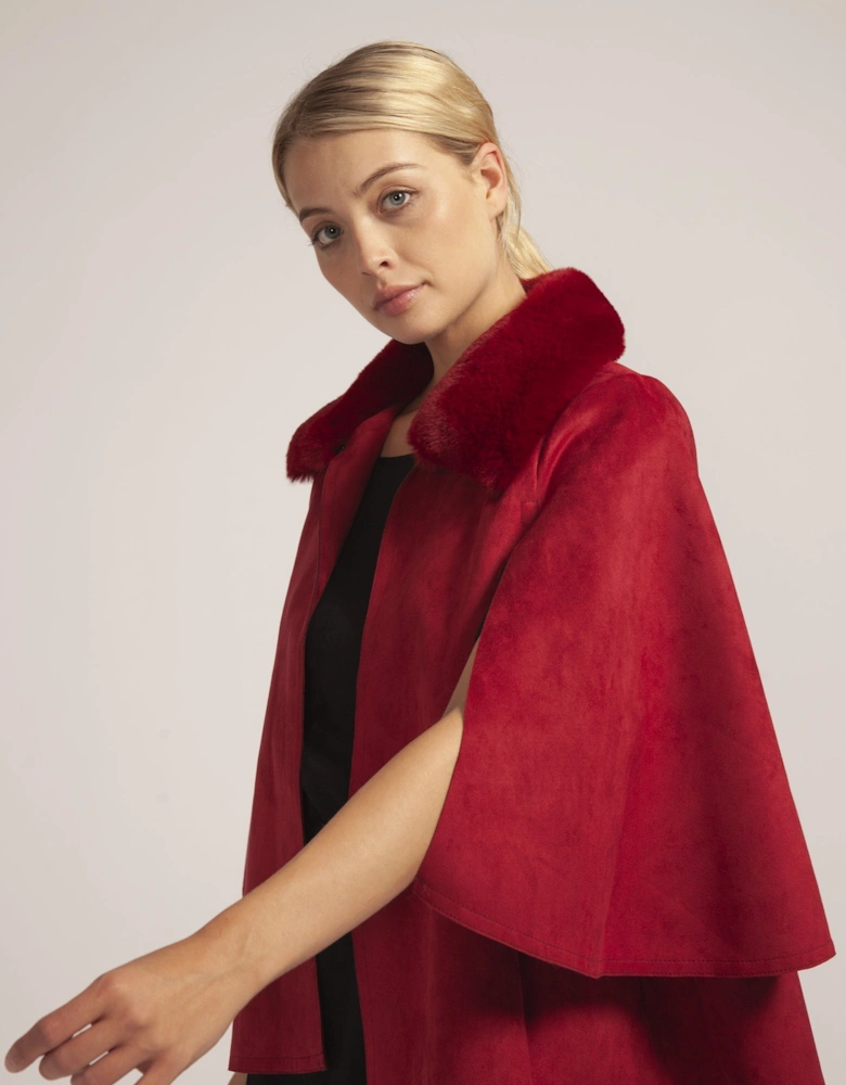 Red Faux Fur and Faux Suede Cape Jacket