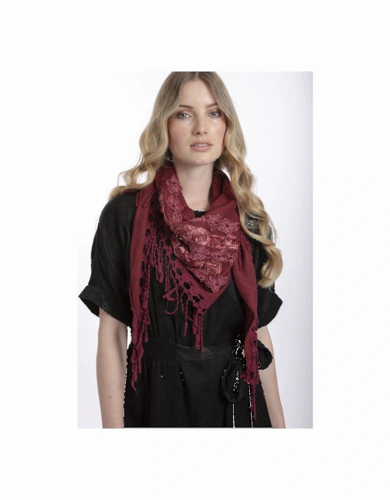 Red Fine Knit Scarf with Roses