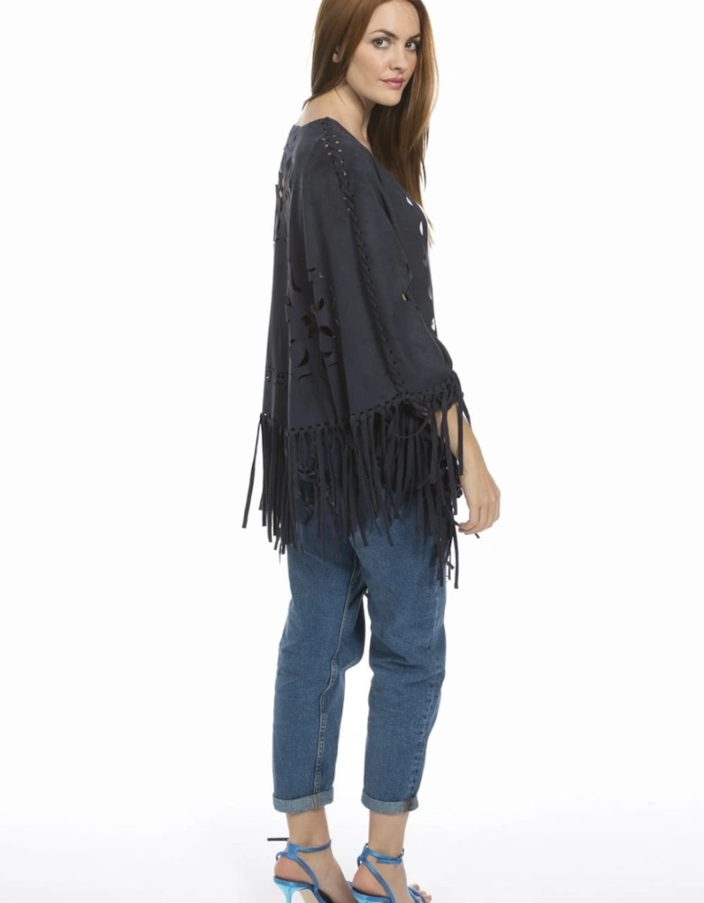 Blue Fringed Faux Suede Cape