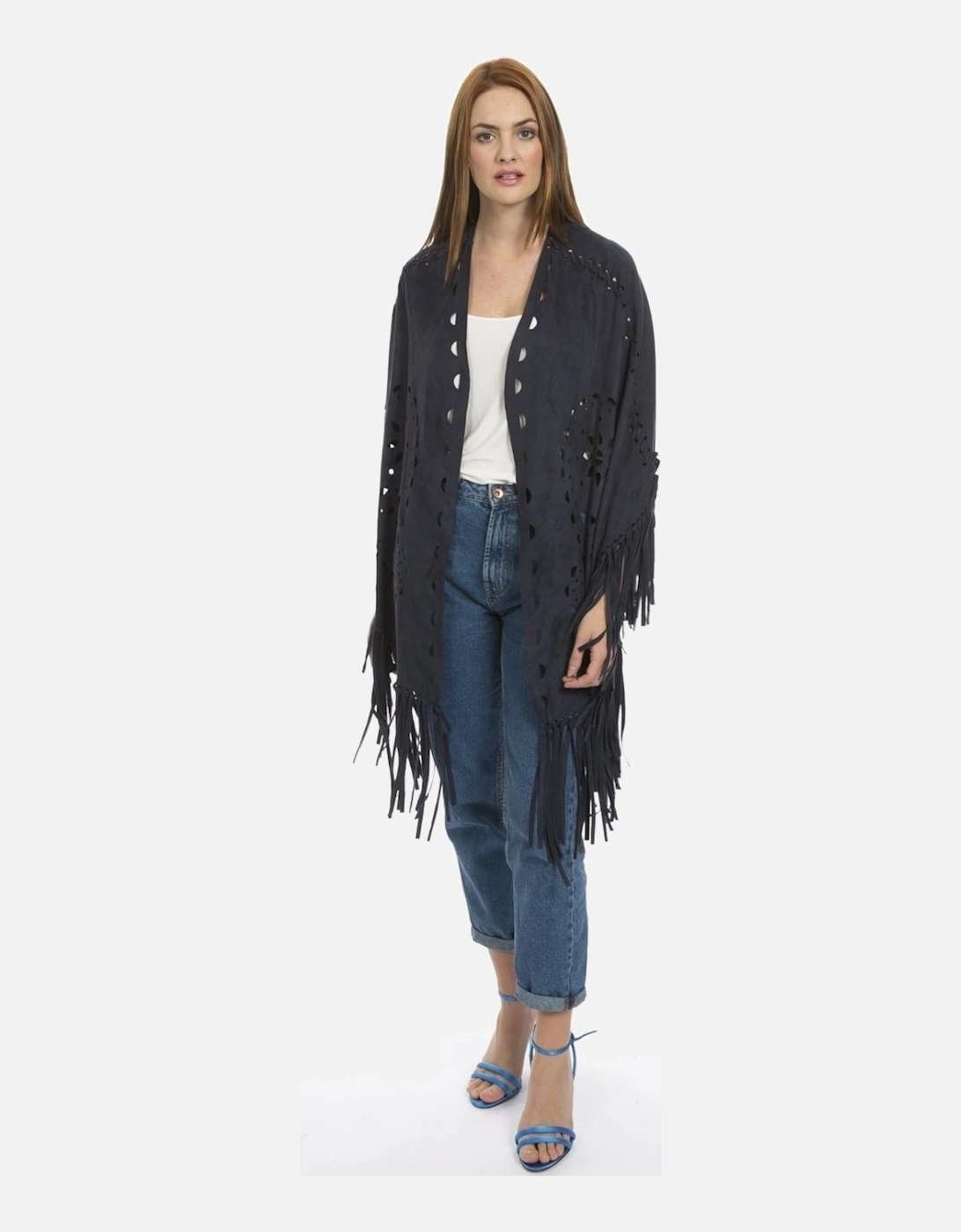 Blue Fringed Faux Suede Cape