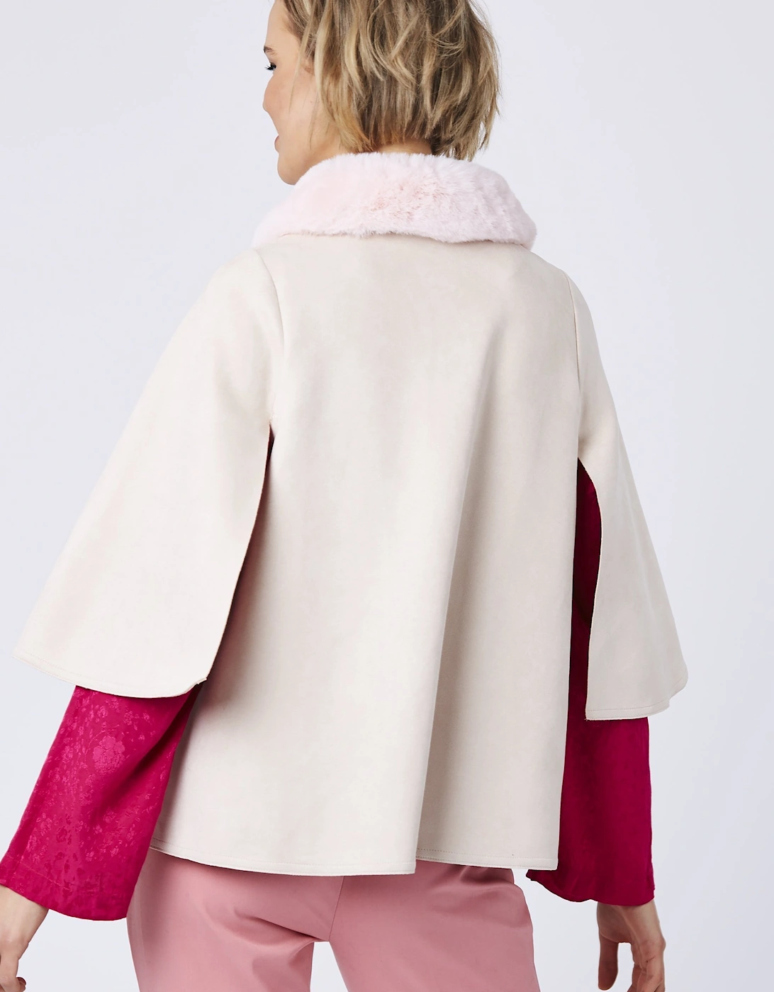 Pink Faux Fur and Faux Suede Cape Jacket