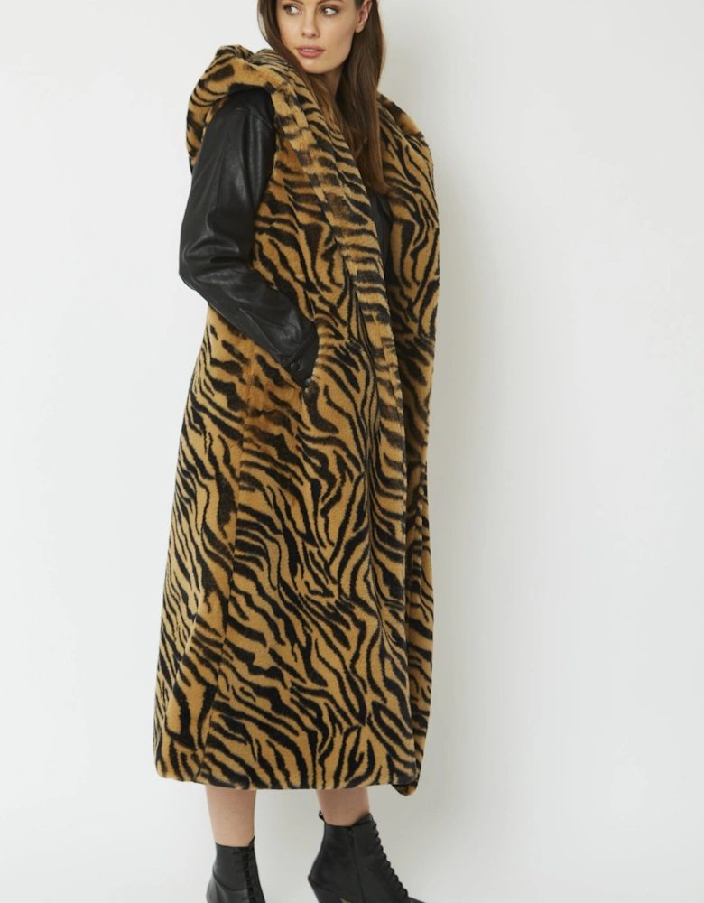 Animal Print Shania Faux Fur Long Length Hooded Gilet