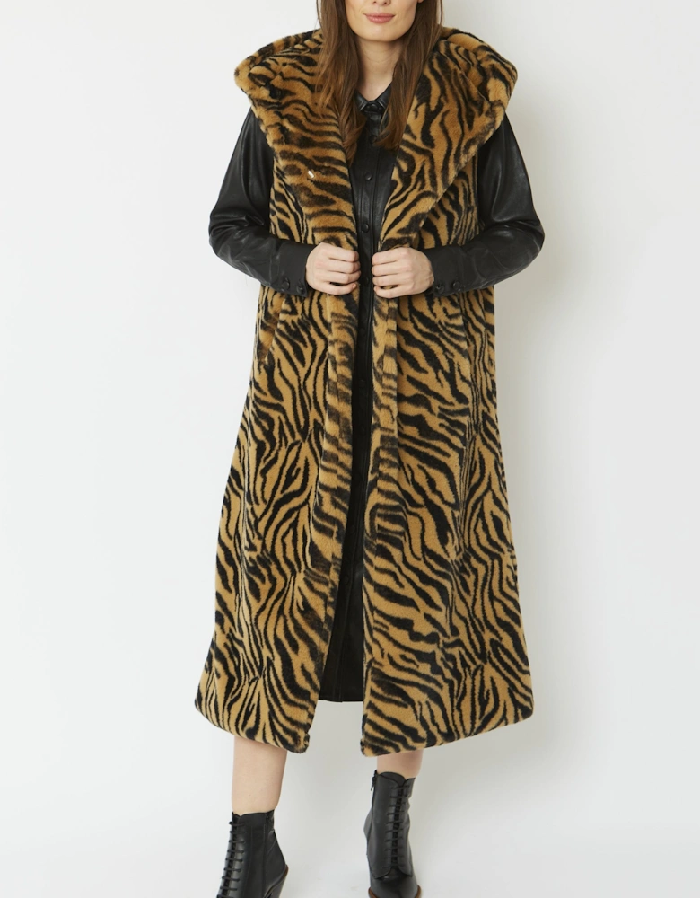 Animal Print Shania Faux Fur Long Length Hooded Gilet