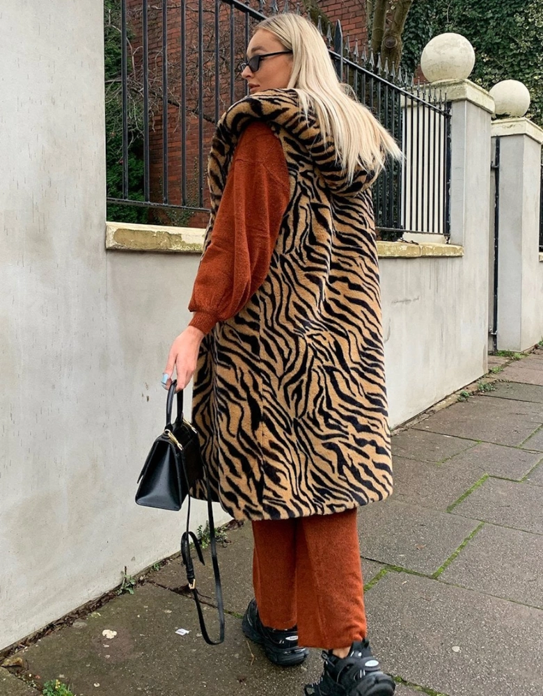 Animal Print Shania Faux Fur Long Length Hooded Gilet