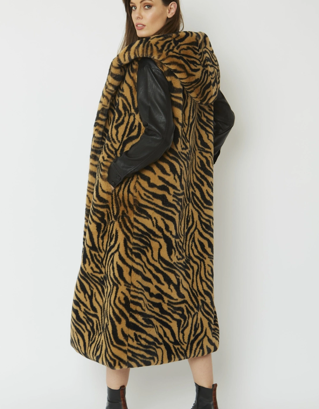 Animal Print Shania Faux Fur Long Length Hooded Gilet