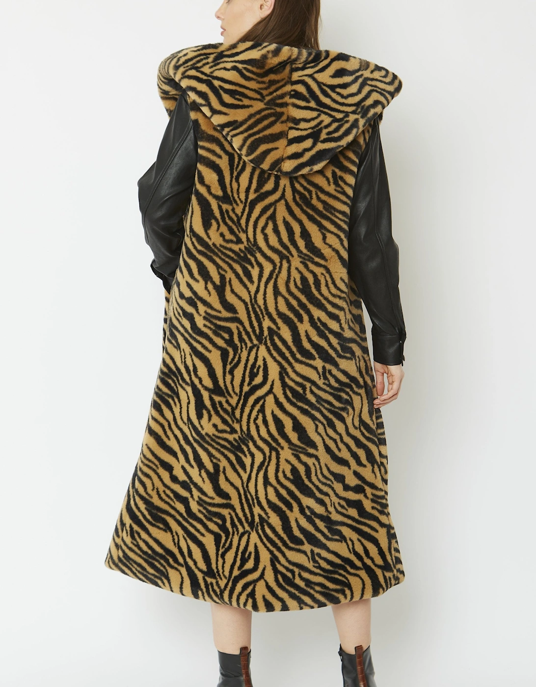 Animal Print Shania Faux Fur Long Length Hooded Gilet