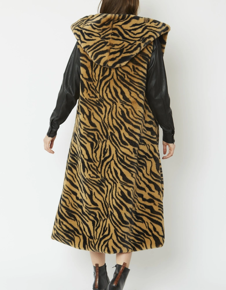 Animal Print Shania Faux Fur Long Length Hooded Gilet