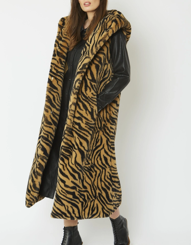 Animal Print Shania Faux Fur Long Length Hooded Gilet