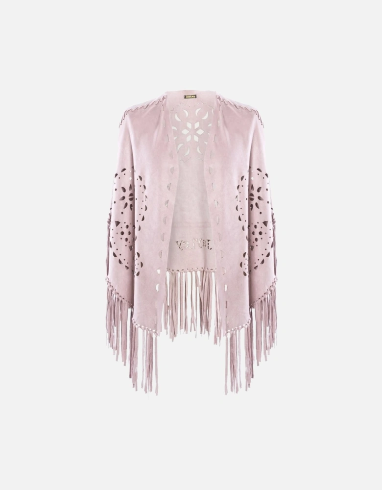Pink Fringed Faux Suede Cape