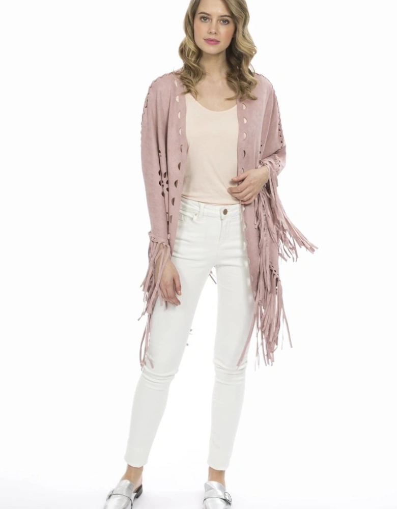 Pink Fringed Faux Suede Cape