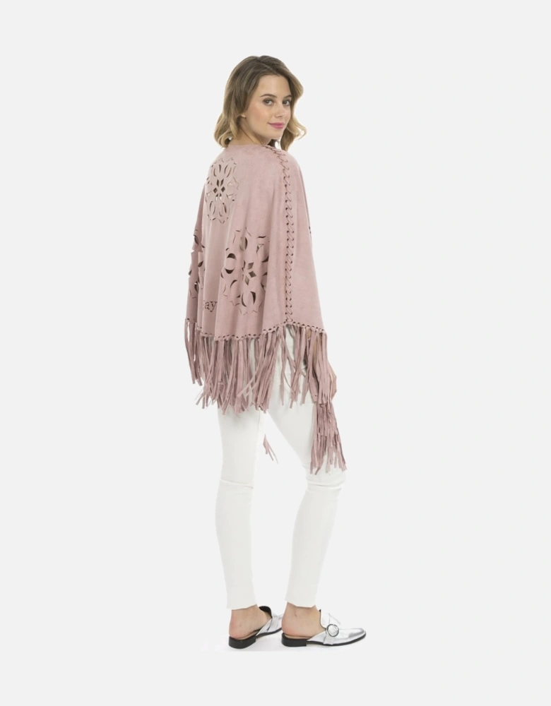 Pink Fringed Faux Suede Cape