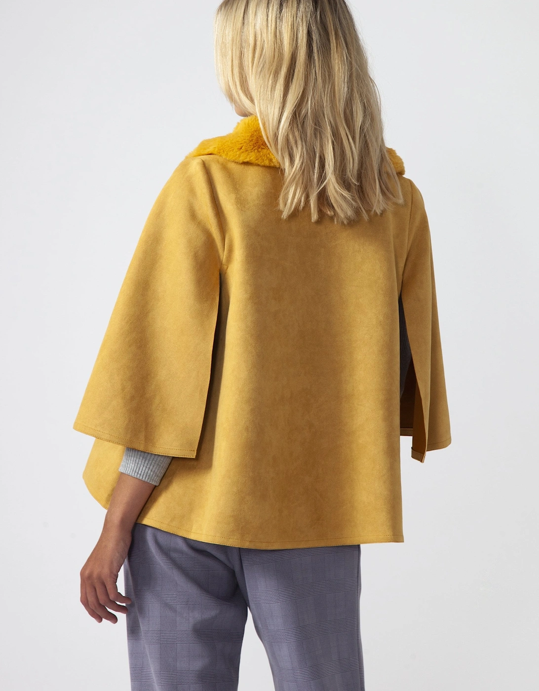 Yellow Faux Fur and Faux Suede Cape Jacket
