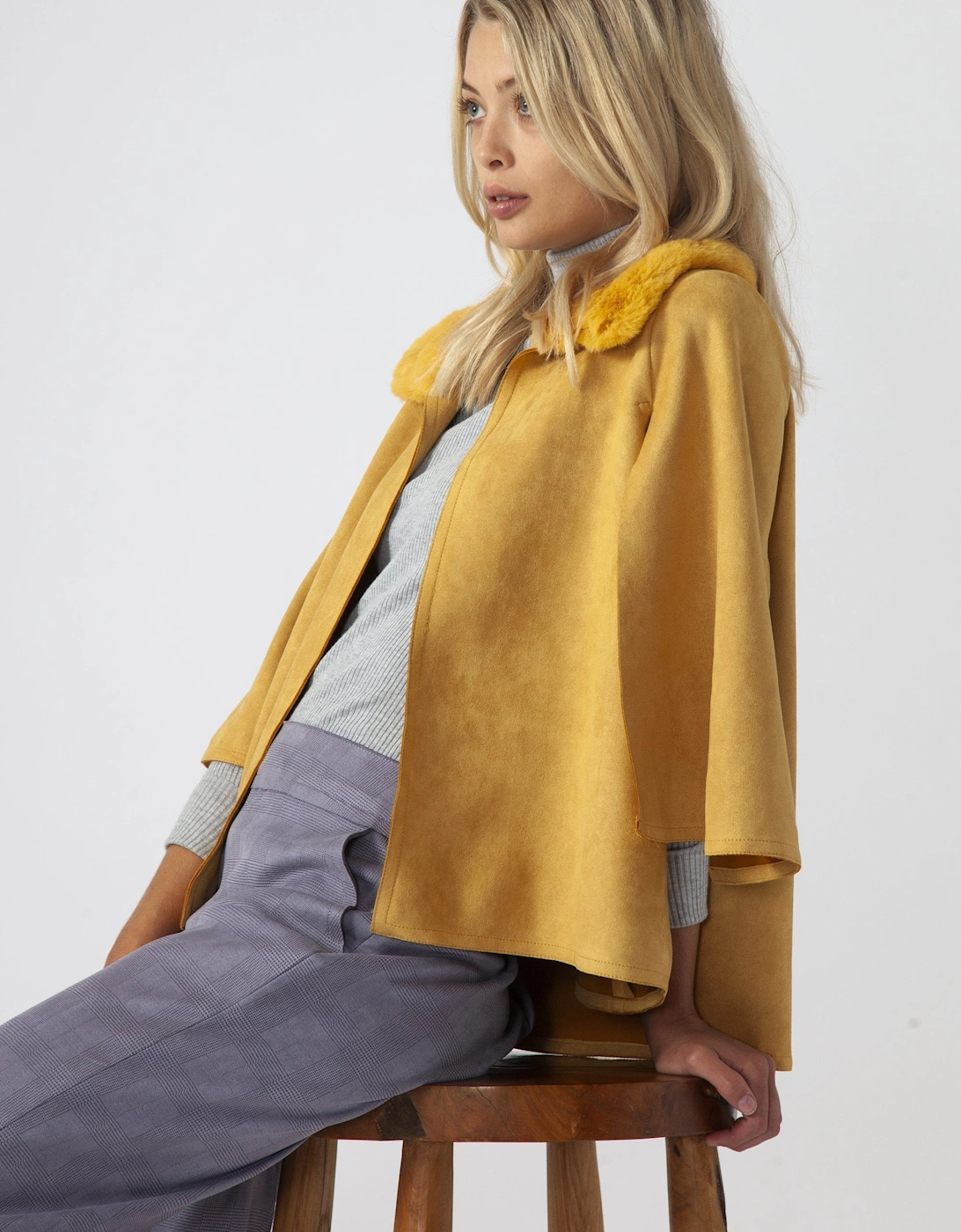 Yellow Faux Fur and Faux Suede Cape Jacket