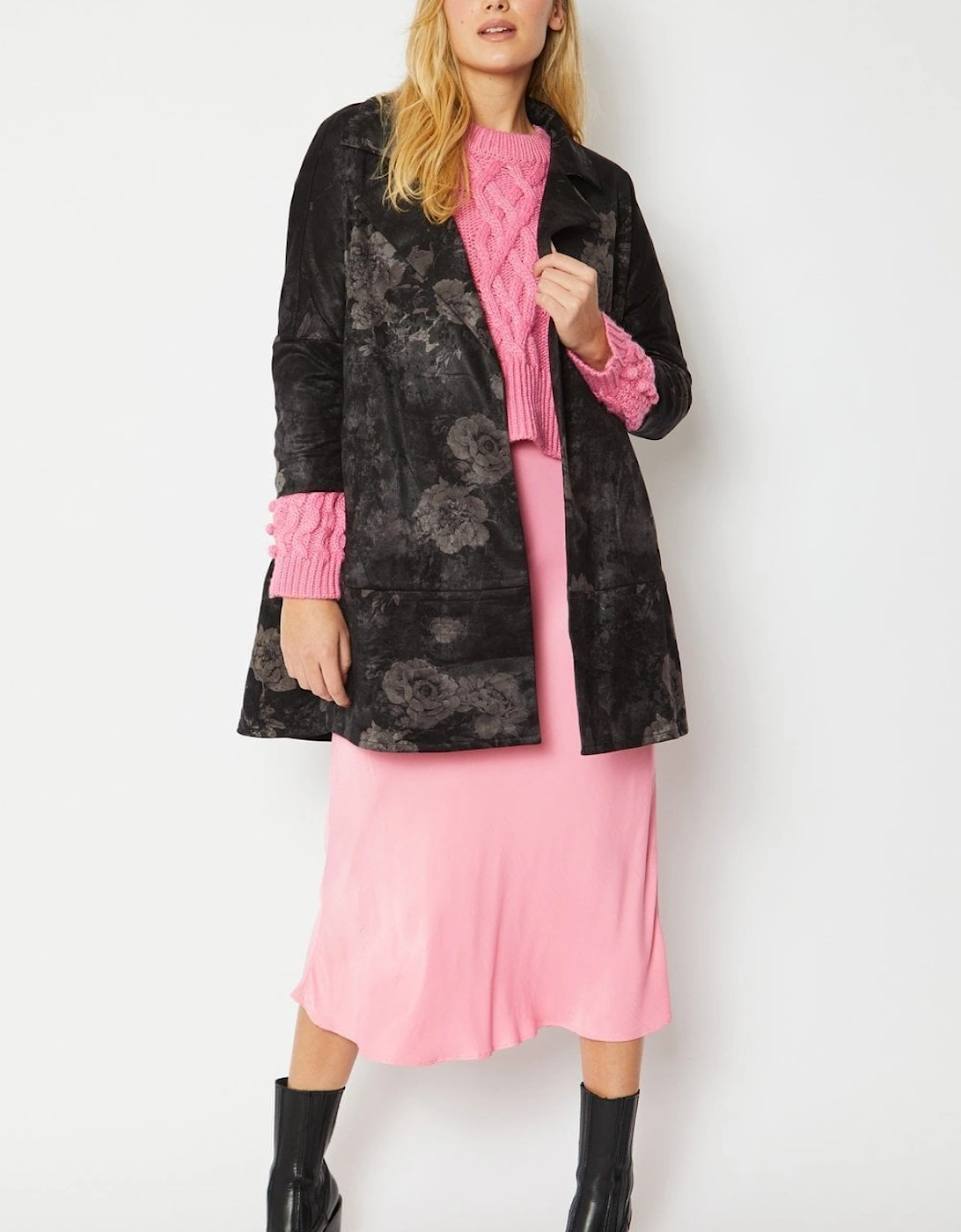 Black Silk Blend & Faux Suede Coat, 4 of 3