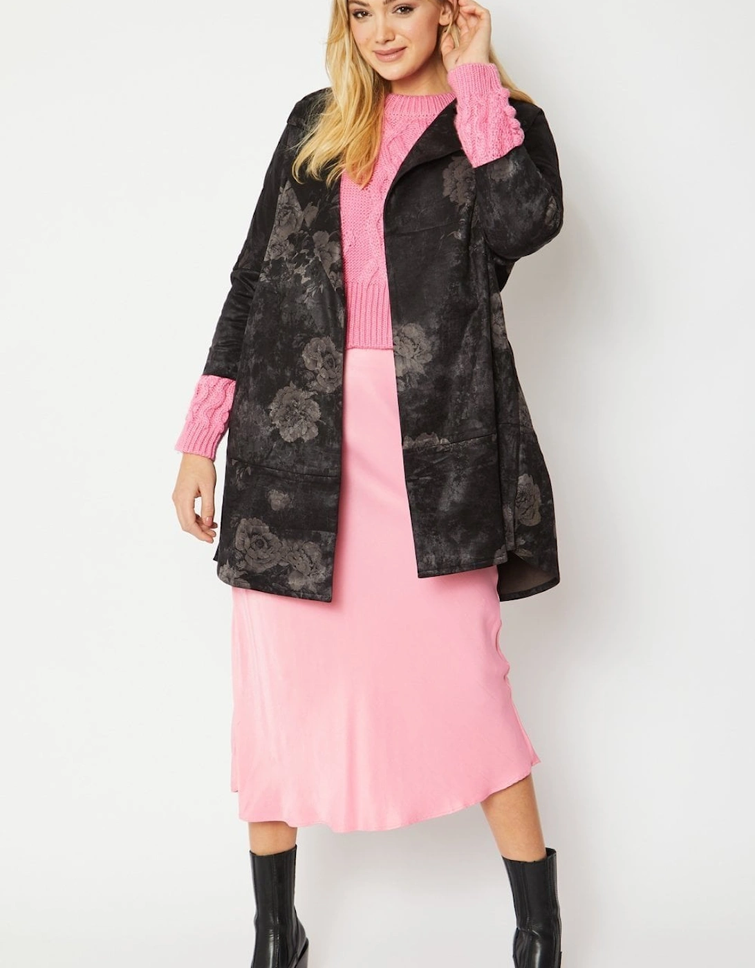 Black Silk Blend & Faux Suede Coat