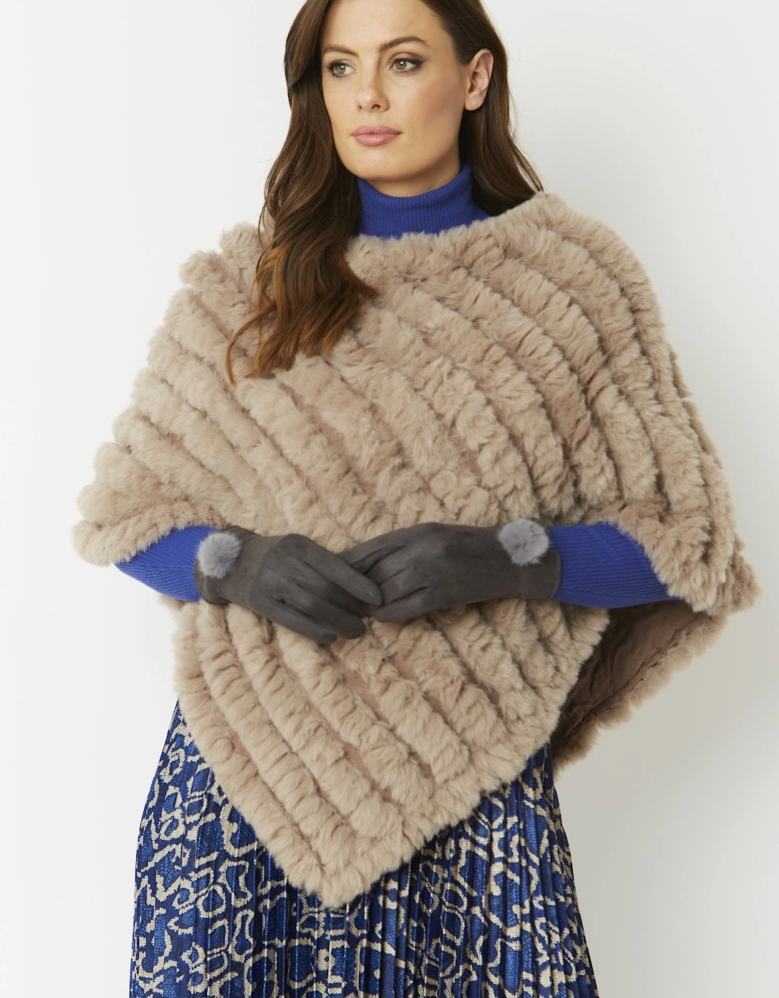 Grey Faux Suede Gloves With Faux Fur Pom