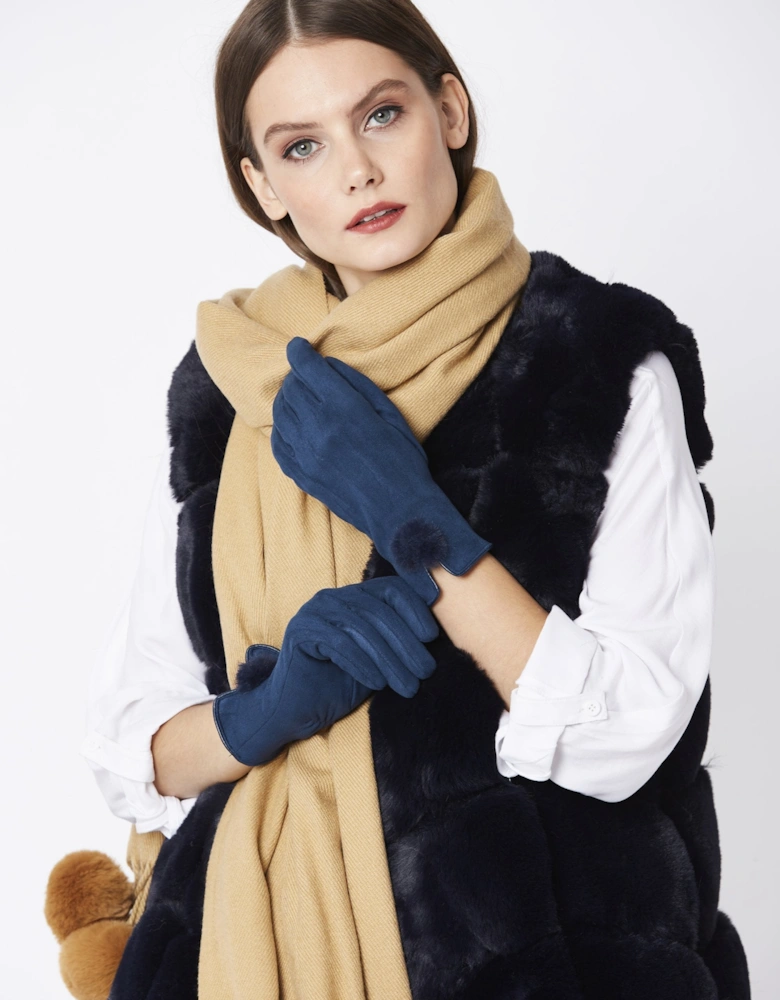 Navy Faux Suede Gloves With Faux Fur Pom