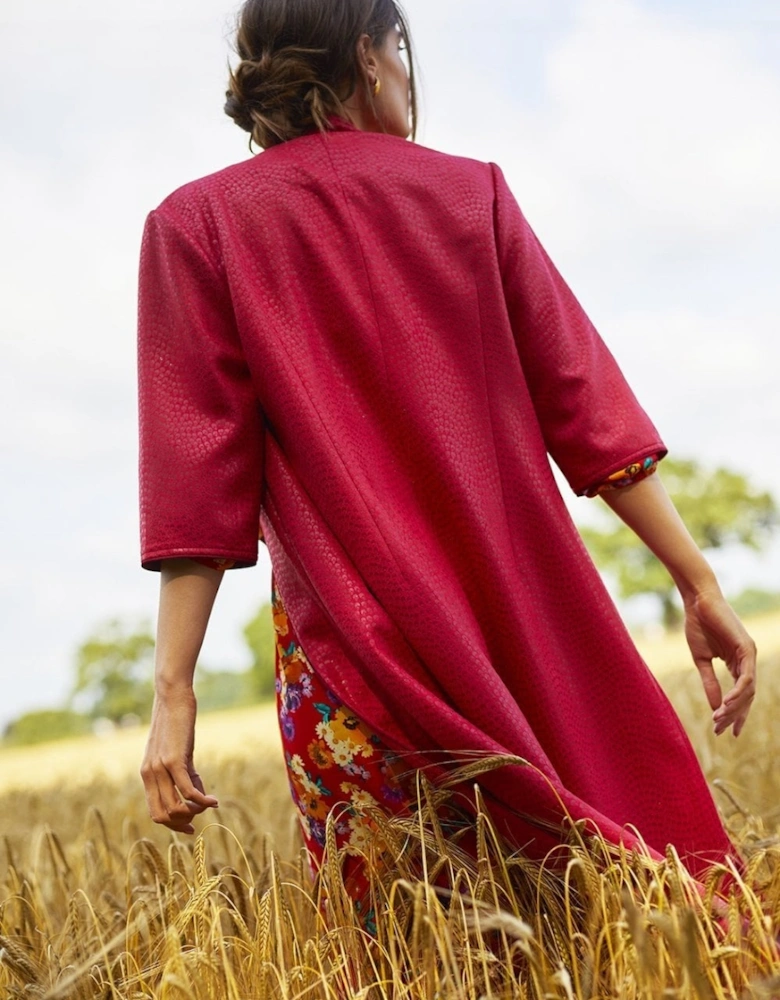 Red Maxi Faux Suede Jacket with Glitter Motif