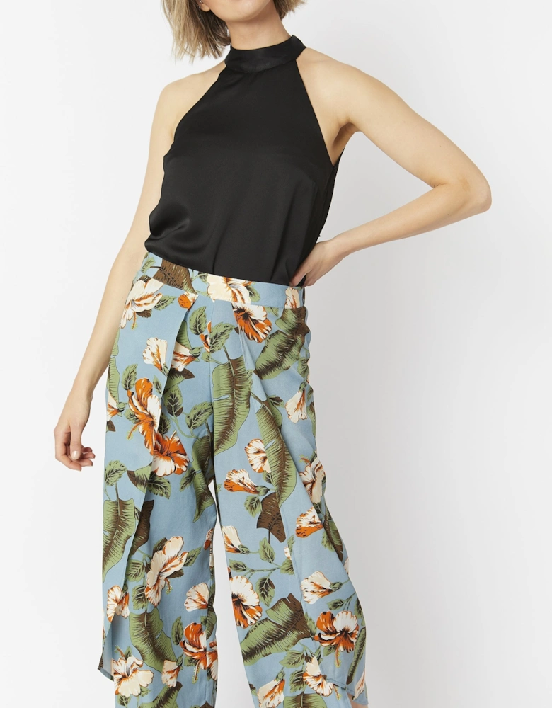 Multi Silk Blend Tropical Open Front Wide Leg Trousers