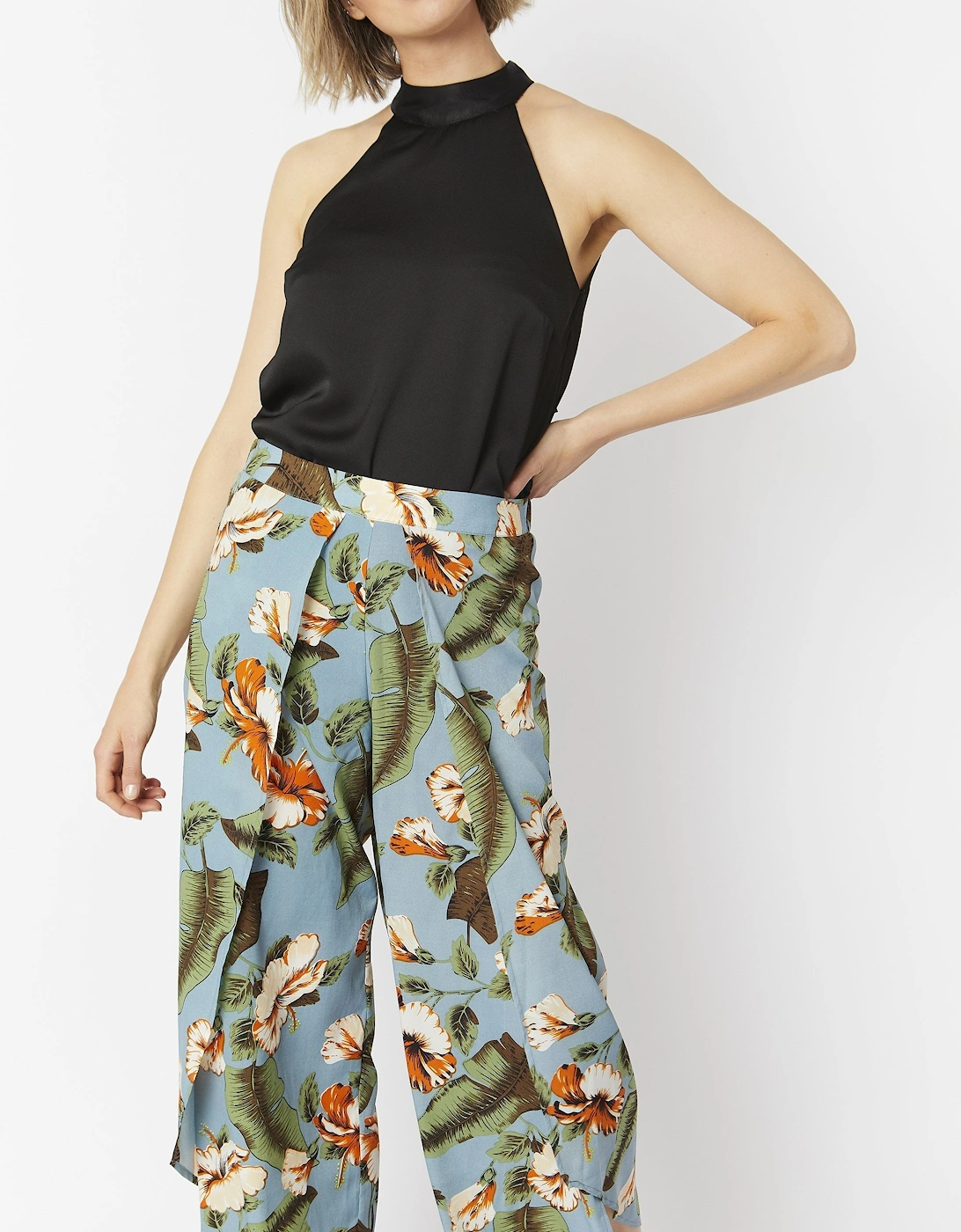 Multi Silk Blend Tropical Open Front Wide Leg Trousers, 6 of 5
