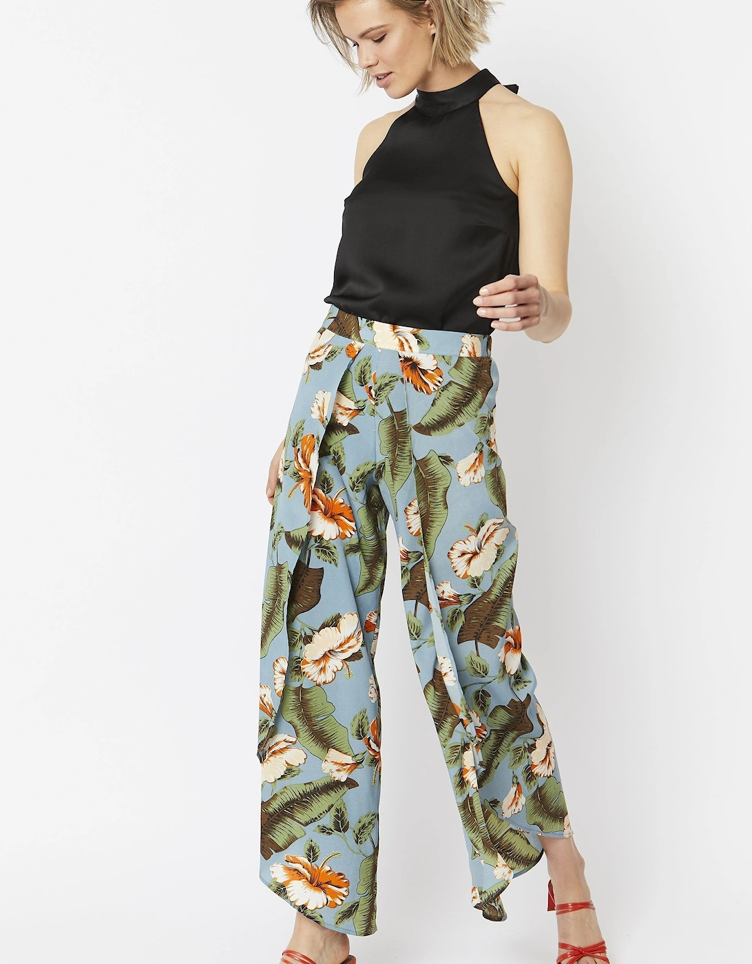 Multi Silk Blend Tropical Open Front Wide Leg Trousers