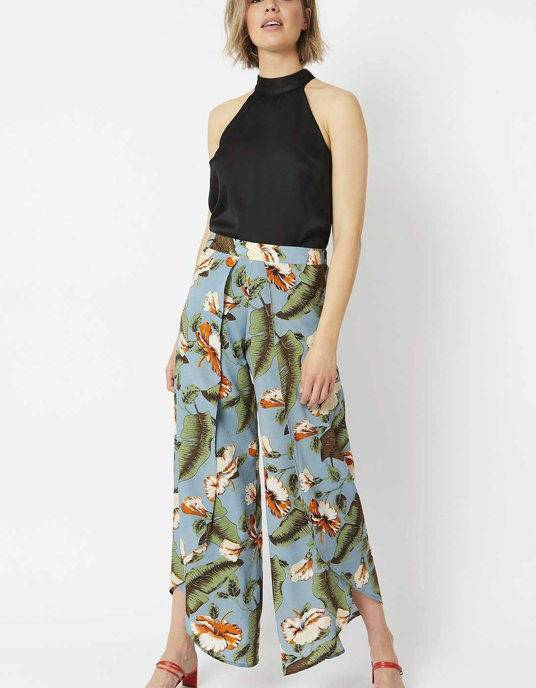 Multi Silk Blend Tropical Open Front Wide Leg Trousers