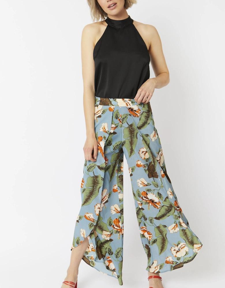 Multi Silk Blend Tropical Open Front Wide Leg Trousers