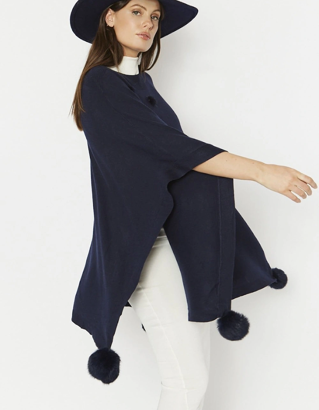 Blue Fine Knit Cashmere Blend Pom Pom Poncho, 5 of 4