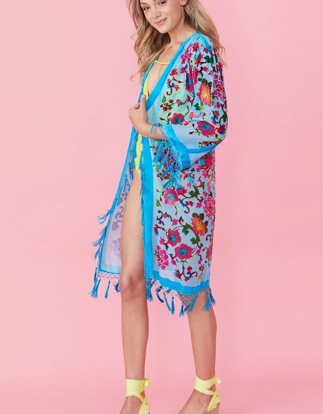 Blue Floral Silk Devore Kimono