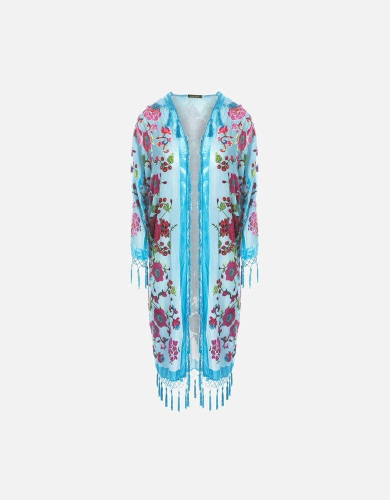 Blue Floral Silk Devore Kimono
