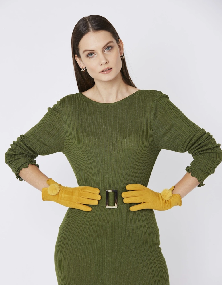 Yellow Faux Suede Gloves With Faux Fur Pom