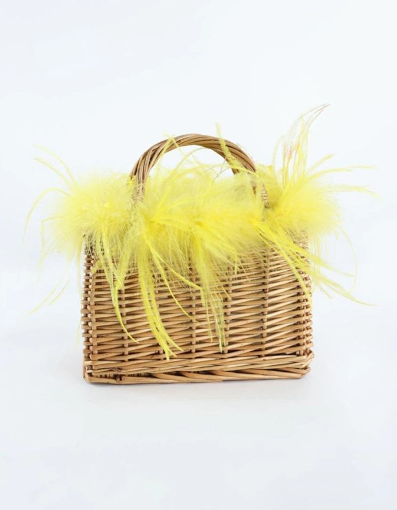 Yellow Hand Made Salines Straw Bag with Ostrich Feather