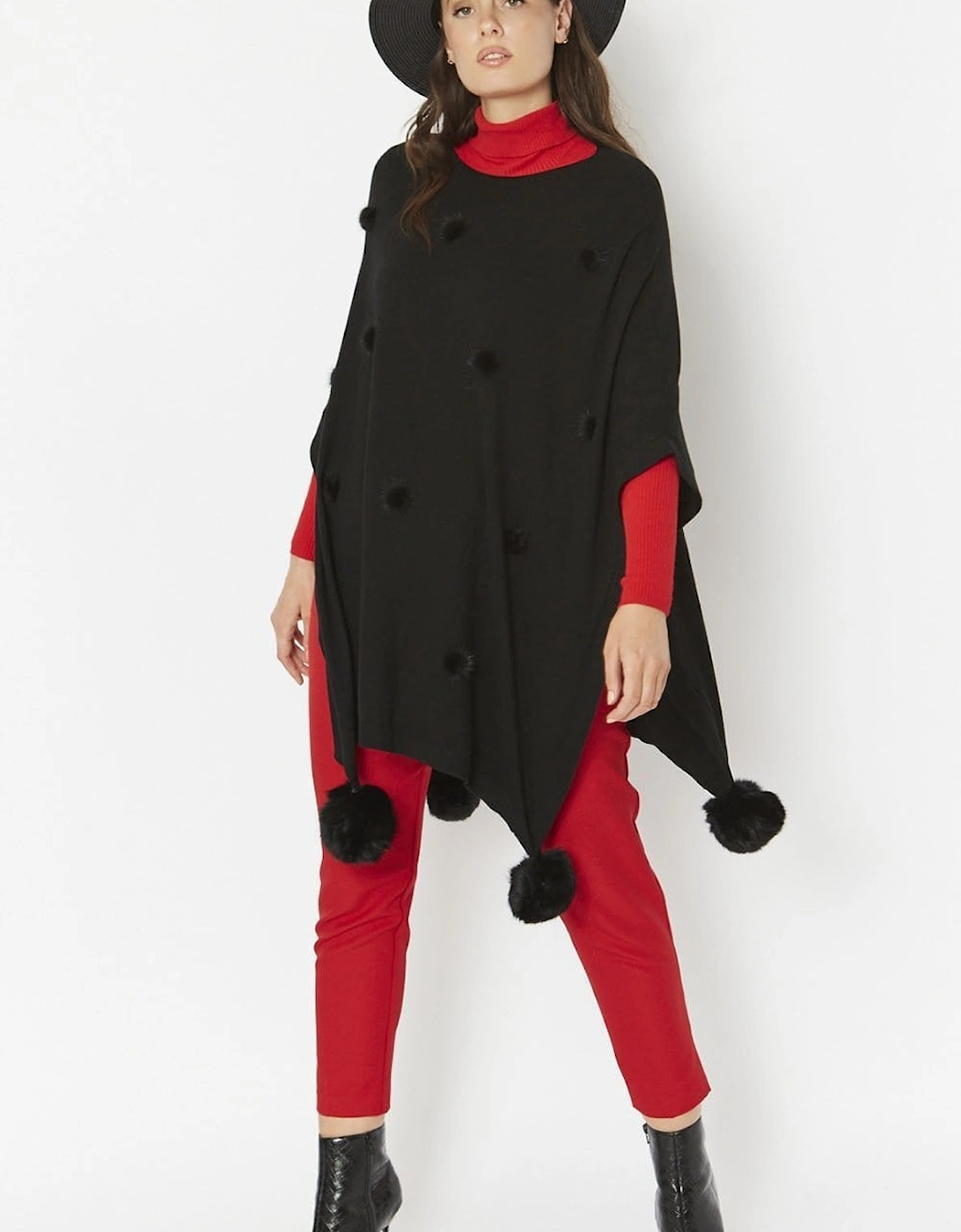 Black Fine Knit Cashmere Blend Pom Pom Poncho, 5 of 4