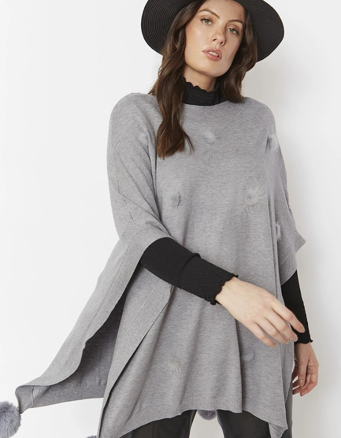 Grey Fine Knit Cashmere Blend Pom Pom Poncho, 5 of 4