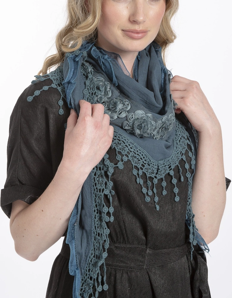 Teal Cotton Embroidery Triangle Scarf
