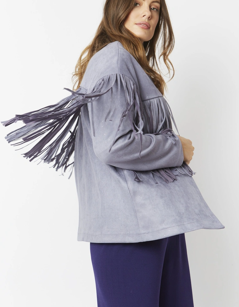 Grey Starlight Tassel Glitter Faux Suede Jacket