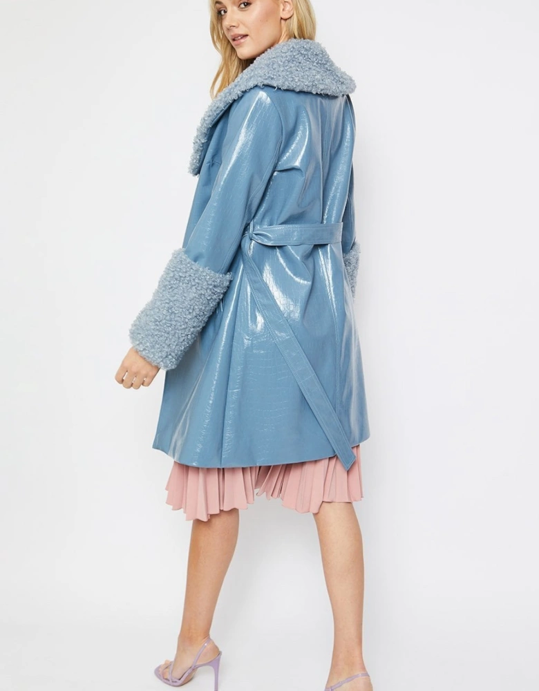 Blue Faux Suede Aurora Coat with Faux Shearling Cuff & Collar