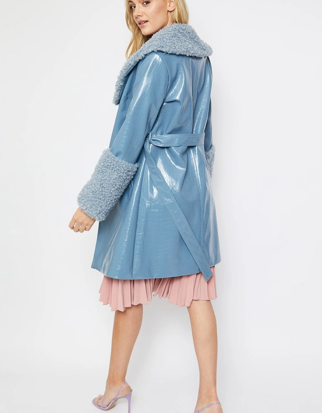 Blue Faux Suede Aurora Coat with Faux Shearling Cuff & Collar