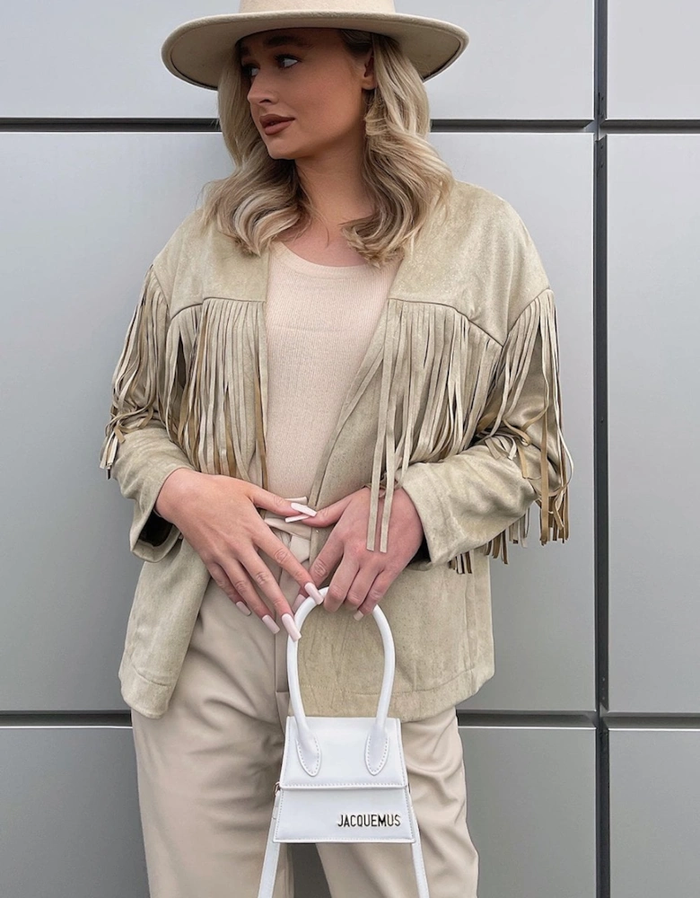 Cream Starlight Tassel Glitter Faux Suede Jacket