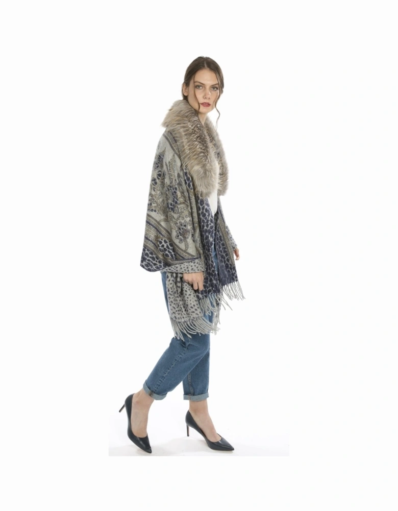 Blue Animal Print Cashmere Wrap with Faux Fur Collar