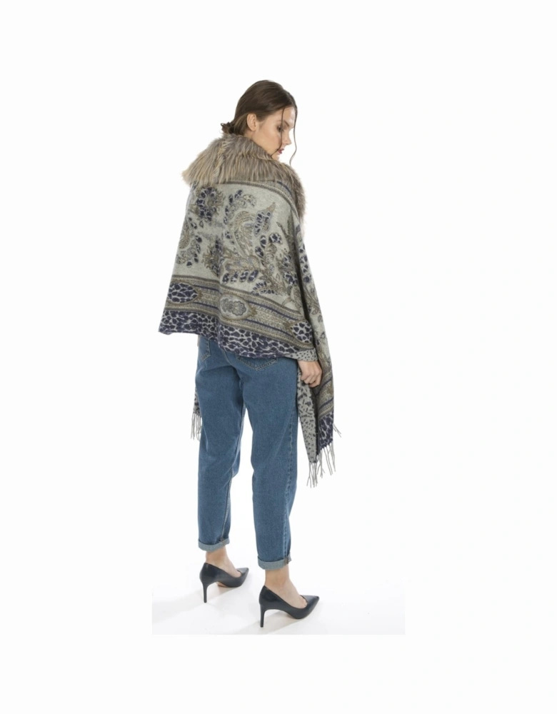 Blue Animal Print Cashmere Wrap with Faux Fur Collar