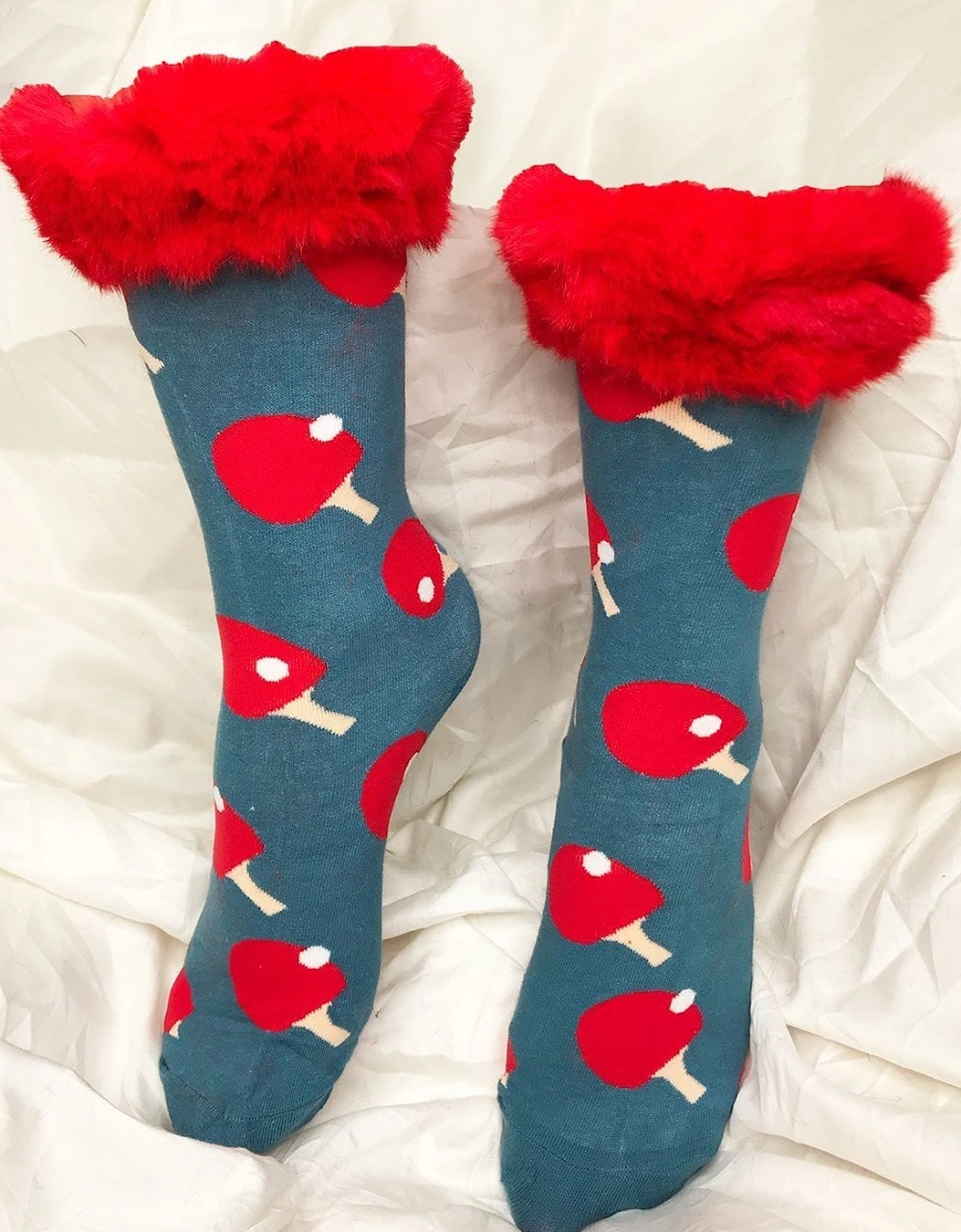 Red Faux Fur Trim Socks