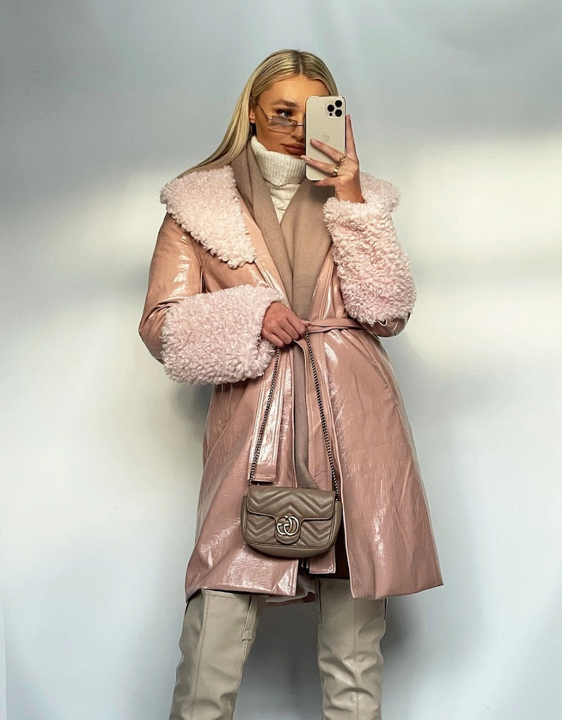 Pink Faux Suede Aurora Coat with Faux Shearling Cuff & Collar