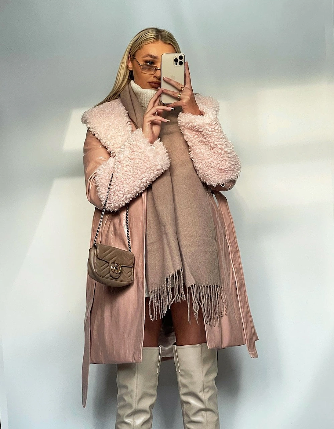 Pink Faux Suede Aurora Coat with Faux Shearling Cuff & Collar